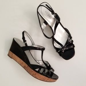 GUESS Black Patent Leather Strappy Sandal Wedges